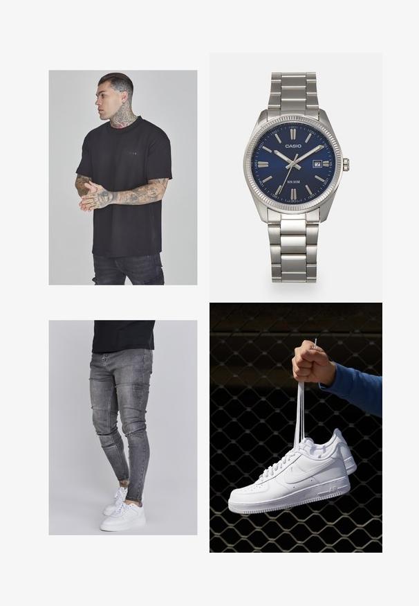 Sort bomulds T-shirt med korte ærmer, rund halsudskæring og et lille logo-detalje på brystet. Glat tekstur og afslappet pasform.; Slank jeans i falmet grå denim med slidte detaljer ved knæene, parret med hvide sneakers. Glat tekstur, slim fit design.; Hvide lædersneakers med perforeringer, rund tå, flad sål og tykke snørebånd, med et synligt swoosh-logo og "AIR" på hælen.; Sølv rustfrit stål urrem med en marineblå urskive, metallic timemarkører og et datovindue kl. 3. Vandafvisende op til 50 meter.