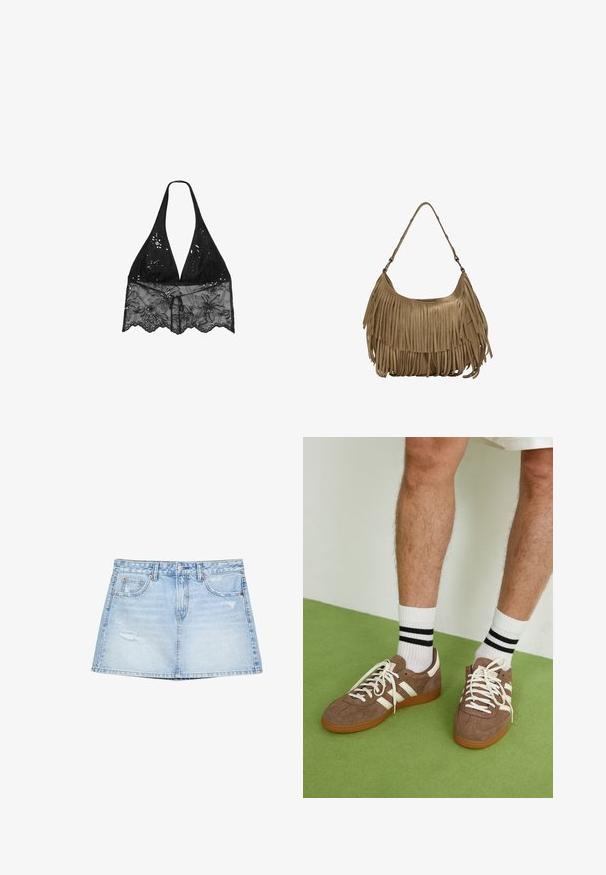 Stradivarius HALTER WITH EMBROIDERY - Bluza - black; Svijetloplava traper suknja s ravnim krojem, prednjim džepovima i istrošenim detaljima. Dovršena s dugmetom i zatvaračem na munju.; Smeđe nubuk tenisice s bijelim detaljima i vezicama. Gumeni potplat. Nosene s bijelim čarapama s crnim prugama. Zeleno teksturirano pod.; Smešena smeđa suđena torba s dugim resicama, zakrivljenim oblikom i jednim remenom za rame. Ima glatku, teksturiranu površinu.