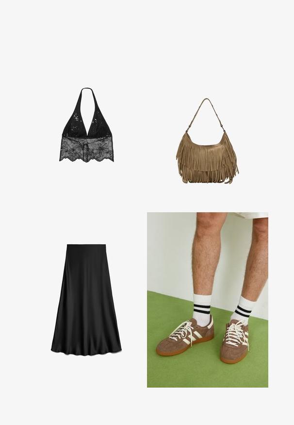 Stradivarius - Bluzka; Czarna, satynowa spódnica o kroju litery A, gładka w dotyku, do kolan, charakteryzująca się prostym, czystym wzorem bez zdobień i wzorów.; Brązowe zamszowe sneakersy z białymi akcentami i sznurówkami. Gumowa, brązowa podeszwa. Noszone z białymi skarpetkami w czarne paski. Zielona teksturowana podłoga.; Brązowa torebka z zamszu z długimi frędzlami, o zakrzywionym kształcie i pojedynczym paskiem na ramię. Posiada gładką, teksturowaną powierzchnię.