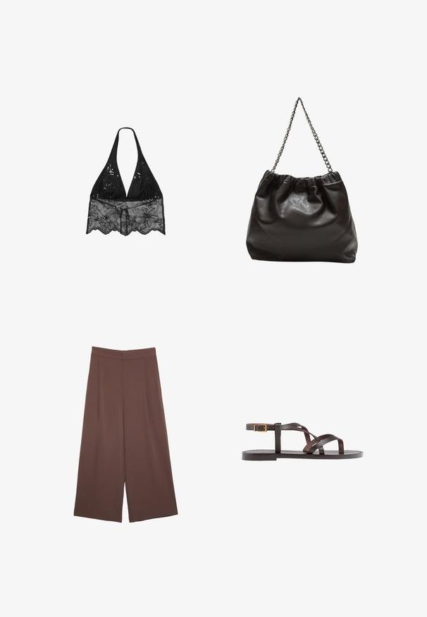 Stradivarius HALTER WITH EMBROIDERY - Bluse - black; Braune Weite-Leg-Hosen mit einer glatten Textur, hoher Taille und Vorderfalten. Der Stoff ist leicht und fällt locker.; Braune Leder-Sandale mit überkreuzten Riemen, einem Knöchelriemen mit Schnalle und einer flachen Sohle mit minimalen Nähdetails.; Braune Lederhandtasche mit gerafftem Oberteil und Kettenriemen. Glatte Textur mit glänzendem Finish und subtilen Nahtdetails an den Seiten.