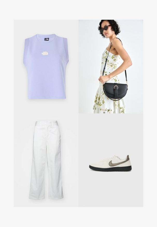 Lila brezrokavni crop top iz mehkega materiala, ki ima okroglo ovratnico in majhen izvezen logotip na sprednji strani.; Bele hlače širokega kroja iz bombaža, z gladko teksturo, pravim fitom, sprednjimi žepi in čistim robom.; Nike Sportswear FIELD GENERAL - Športni copati - off-white/black; Črna usnjena torbica s ukrivljeno obliko, z odstranljivo naramnico in zlatimi dodatki. Torbica ima pokrov s podrobnostmi v obliki zaponke.