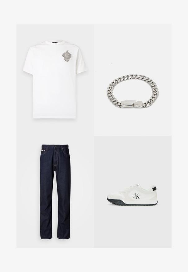 Fehér pamut póló, bal oldali mellrészen gyémánt alakú szürke logóval. Rövid ujjú, kerek nyakú, szabványos szabású.; Sötétkék farmernadrág egyenes szárú kialakítással, gombos cipzárral, öt zsebbel és kontrasztos varrási részletekkel.; Calvin Klein fehér sneaker fekete talppal, velúr és hálós panelek, CK logó az oldalon, valamint Calvin Klein felirat a sarkon és a talpon.; Calvin Klein ELECTRIC - Karkötő - silver-coloured