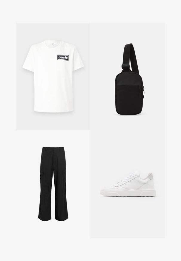 Tricou din bumbac alb, cu un logo dreptunghiular negru cu cuvântul "oasis" centrat. Mâneci scurte și un design clasic cu gât rotund.; Pantaloni cargo negri dintr-un material ușor, cu o croială relaxată, două buzunare laterale mari și închidere cu nasture.; Adidași din piele albă cu un finisaj neted, vârf rotunjit, șireturi plate și o talpă texturată. Accente din piele întoarsă gri la călcâi.; Geantă crossbody neagră, confecționată dintr-un material rezistent, dotată cu o curea ajustabilă, un compartiment principal cu fermoar și o buzunar frontal.