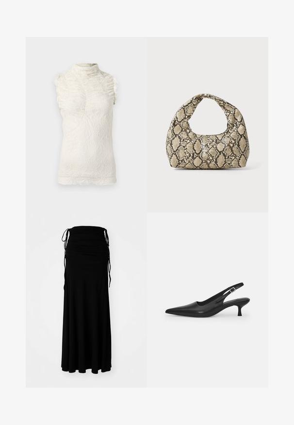 Csipkeből készült ujj nélküli top krém színben, magas nyakkal, fodros részletekkel és bonyolult, textúrázott mintázattal az egész felületen.; Fekete, bokáig érő ruha puha, rugalmas anyagból, pliszírozott felsőrésszel és állítható kötőkkel az oldalán, amely áramló sziluettet kölcsönöz.; Fekete bőr szandálcipő hegyes orral és karcsú, ívelt sarokkal. Diszkrét, állítható pánttal rendelkezik, fém csattal.; Kígyómintás kézitáska ívelt fogantyúval. Texturált, bézs és barna anyagból készült, jellegzetes gyémántmintával.
