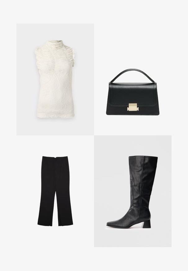 Rento ilmanhihoista pitsitoppia kermanvärisenä, jossa on korkea kaulus, röyhelöyksityiskohtia ja monimutkainen tekstuurikuviointi koko vaatteessa.; Mustat housut suoralinjaisella leikkauksella, joissa on etutaskut ja sivurei'ät helman alla. Valmistettu pehmeästä ja sileästä kankaasta. Sopii eri tilaisuuksiin.; Musta nahkainen keskipitkä saapas, jossa on terävä kärki ja pömpöti korko vaalealla taustalla.; Musta nahkakäsilaukku, jossa on jämäkkä muotoilu, yläkahva ja kultainen metallisolki edessä. Sujuva pinta, minimaalinen ompelu.