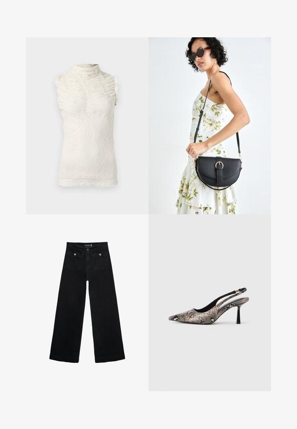 Koronkowy bezrękawnik w kremowym kolorze z wysokim kołnierzem, z falbankami i skomplikowanym wypukłym wzorem przez całą powierzchnię.; Czarne, szerokie dżinsy z wysokim stanem, z dwoma przednimi kieszeniami i metalowymi guzikami. Tkanina ma gładką fakturę.; Sandały złote z odkrytym palcem, wykonane z teksturowanego materiału w wężowy wzór, z cienkim czarnym obcasem i wycięciami po bokach.; Czarna skórzana torebka o zakrzywionym kształcie, z odpinanym paskiem i złotymi akcentami. Torebka posiada klapę z zapięciem w kształcie klamry.