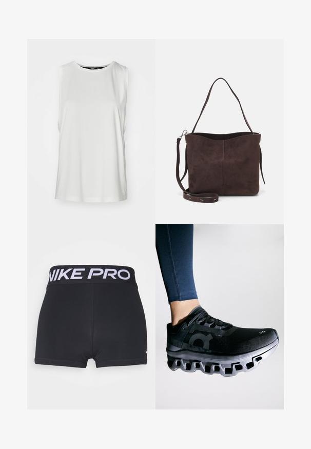 Weißes ärmelloses Oberteil aus glattem Stoff, mit Rundhalsausschnitt, lockerer Passform und sauberem Saum. Keine sichtbaren Muster oder Verzierungen.; Schwarze Sportshorts mit einem breiten, schwarzen Bund, auf dem "NIKE PRO" in Weiß steht. Das glatte, dehnbare Material und die Saumabschlüsse sind sichtbar.; Schwarzer Laufschuh mit einem strukturierten Obermaterial und einer markanten Zwischensohle, die ein einzigartiges segmentiertes Design aufweist. Akzentuiert mit einem Logo an der Seite.; Braune Wildleder-Tasche mit weicher Textur, ausgestattet mit einem einzelnen Schulterriemen und einer dezenten, gewölbten Öffnung an der Oberseite. Keine sichtbaren Beschläge.