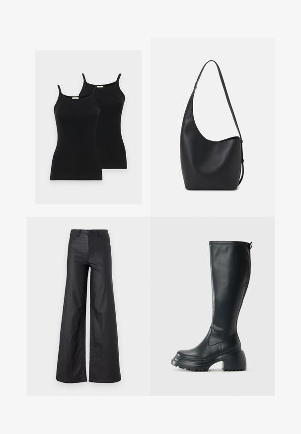 Black cotton tank tops with thin straps, fitted design, and a smooth texture. Two pieces displayed side by side. No patterns or accents.; Black, wide-leg pants in a faux leather material. Features a high waist, belt loops, two front pockets, and stitched detailing.; Tall black leather boot with chunky platform sole and block heel, featuring pull tab and textured tread on outsole.; Black leather hobo bag with a smooth texture, curved shape, and single adjustable strap; features a wide opening at the top.