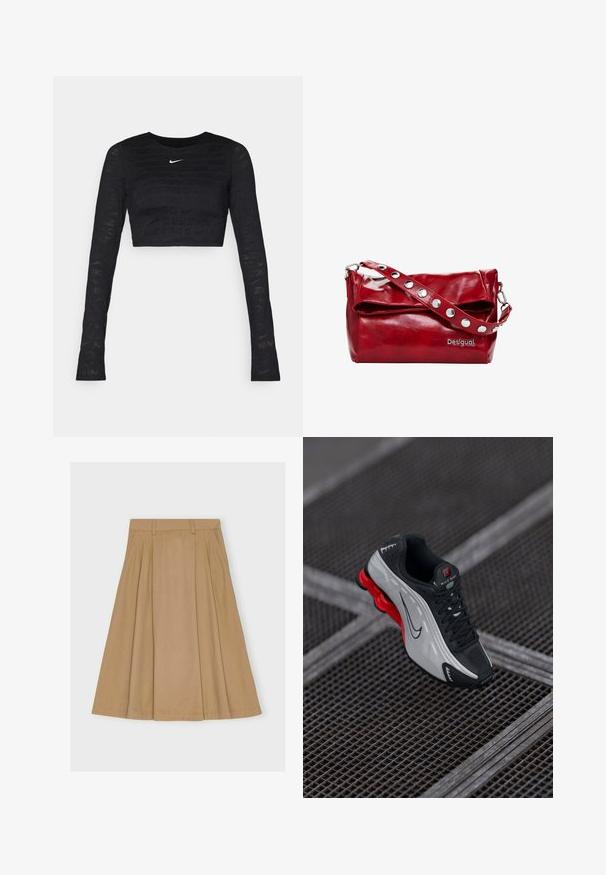 Fekete, hosszú ujjú crop top, a Nike logójának textúrált mintájával, kerek nyakkivágással és sima anyaggal.; Térd középig érő, bélelt szoknya világosbarna pamutból, igényes derékpánttal, övhurkokkal és egyenes szegéllyel.; Fekete és szürke sportcipő piros párnázott talppal, fekete fűzőkkel és swoosh logóval, fémből készült rácsos felületen.; Piros szintetikus bőrből készült válltáska, hajtószárnyú fedéllel, ezüst snap díszítéssel a pánton és nyomtatott "Desigual" logóval.