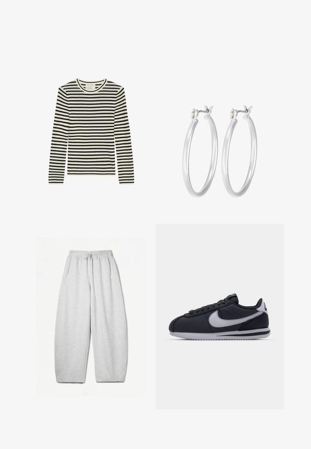 Marc O'Polo ROUNDNECK - Långärmad tröja - multi salty white; Ljusgrå sweatpants med avslappnad passform, elastiskt midjeband, dragsko och sidofickor; tillverkade av mjukt, texturerat tyg.; Svart atletisk sko med grå detaljer, slät syntetisk ovandel, texturerad sula, rund tå och platta snören. Klassisk design med logotypdetalj.; Silverfärgade hoopörhängen med en slät, polerad yta. Rund form och säker klickstängning. Lättviktig design som passar för vardagligt bruk.