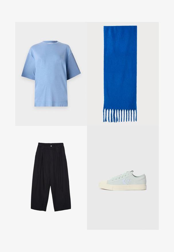 Jasnoniebieska bawełniana koszulka z okrągłym dekoltem, krótkimi rękawami i luźnym krojem. Posiada gładką teksturę i prosty dół.; Czarne spodnie culotte z poliestru z elastycznym pasem, dwoma fałdami z przodu i luźnym krojem. Brak widocznych wzorów lub elementów metalowych.; Jasno miętowe trampki z płótna z gumowym noskiem, białym logo w kształcie gwiazdy i kremową gumową podeszwą. Posiadają klasyczny design na sznurowadła.; Niebieski szalik z frędzlami wykonany z miękkiego materiału; ma jednolity kolor z teksturowaną powierzchnią i równomiernie przyciętymi frędzlami na dole.