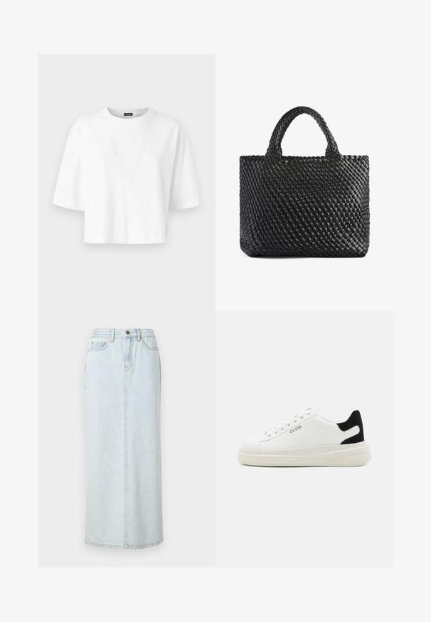 Tricou alb din bumbac, scurt, cu gât rotund și mâneci scurte. Prezintă un model subtil embosat pe întreaga țesătură.; Fustă maxi din denim albastru deschis, cu un design drept, închidere cu nasturi frontali și cusături vizibile. Are două buzunare frontale.; Adidași din piele albă cu o talpă groasă albă, accent de călcâi din suede negru și logo embosat pe lateral. Design cu șireturi și șase orificii.; Geantă de umăr împletită neagră cu două mânere, având o suprafață texturată și o formă rectangulară. Design simplu și unic, fără hardware vizibil.