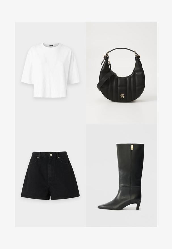 White cotton cropped t-shirt with a round neck and short sleeves. Features a subtle embossed pattern throughout the fabric.; Black denim shorts with a high waist, five pockets, silver hardware, and a standard fit, featuring a smooth texture and clean finishing.; Black leather knee-high boot with a pointed toe and a small heel. Features a sleek design with a gold accent detail. Smooth texture.; Black leather handbag with a curved shape, quilted texture, and gold hardware. Features a detachable shoulder strap and logo detail.
