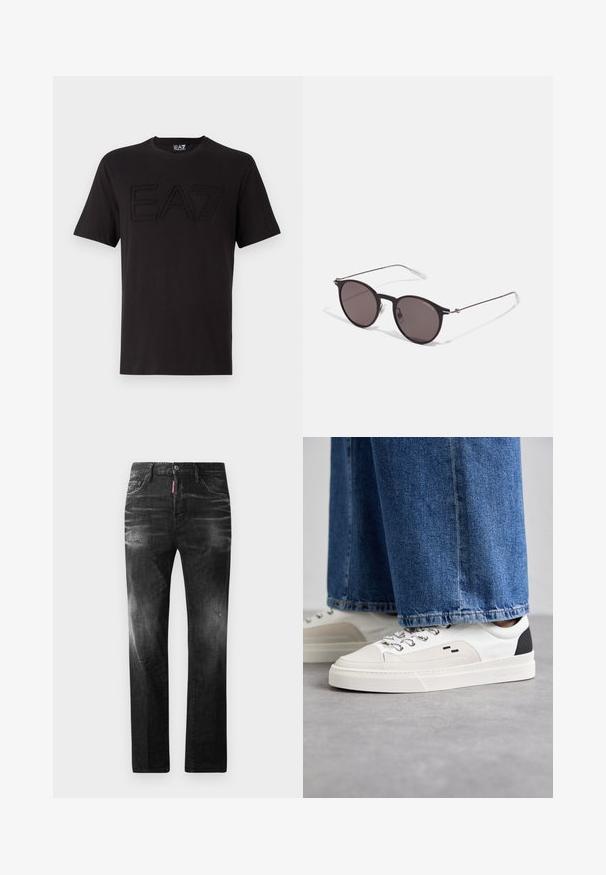 Juodas medvilnės marškinėliai su tekstūruotu EA7 logotipu priekyje, trumpomis rankovėmis ir klasikinio apvalaus kaklo iškirpte.; Juodi džinsai su tiesiu kirpimu. Spalvoti svyrantys plotai, šiek tiek sugadinti, klasikinis penkių kišenių dizainas ir mygtuko uždarymas.; Balti ir balti sportbačiai su lygaus odos paviršiumi, tekstūruotais akcentais ir masyviu baltu padu. Turi klasiką primenančią raištelių užsegimo sistemą.; Juodos apvalios saulės akinių su tamsiais lęšiais ir plonomis metalinėmis šakomis. Įtraukti skaidrūs šventyklų galai ir sidabriniai akcentai vyrio srityje. Minimalistinis dizainas.
