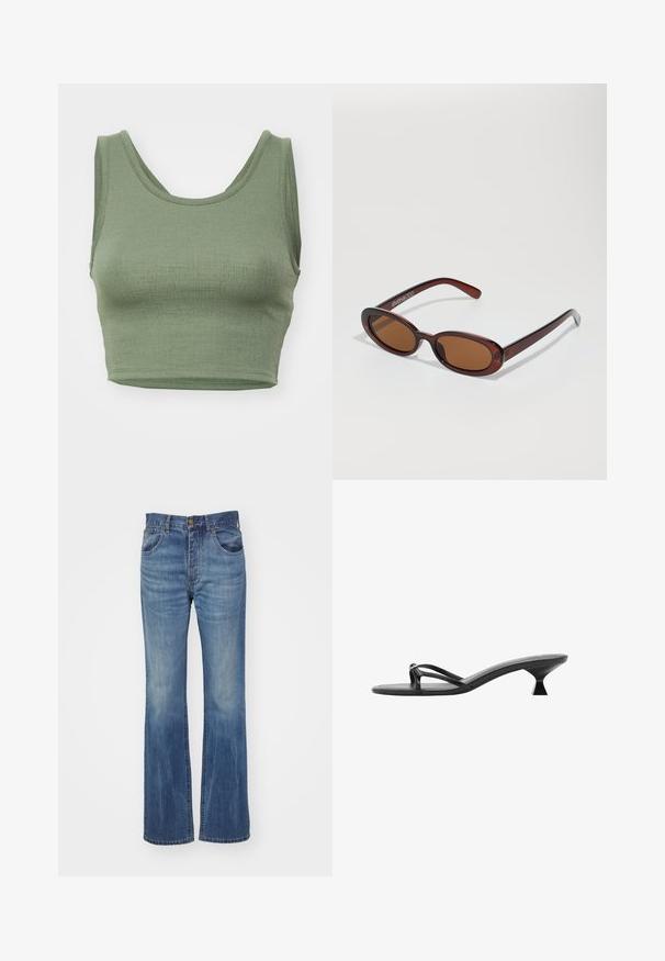Olivovo zelený crop top z rebrovanej látky, s výstrihom do U a širokými ramienkami.; Rozšírené modré džíny s stredným praním, vysokým pásom, pútkami na opasok a prednými vreckami. Hladký povrch s minimálnym opotrebovaním.; Čierne sandále na vysokom podpätku s elegantným dizajnom, tenkými remienkami a jedinečným trojuholníkovým podpätkom. Hladký povrch s minimalistickým vzhľadom.; Okrúhle slnečné okuliare s hnedým nádychom a lesklým burgundským rámom. Úzke ramená s jemným brandovaním. Plochej šošovky dizajn.