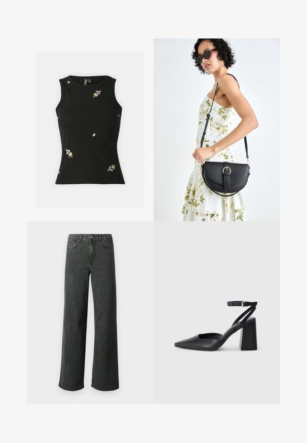 Top sin mangas de canalé negro con bordado floral multicolor. Cuello redondeado y diseño ajustado, adecuado para un uso casual.; Jeans de pierna ancha en denim gris oscuro, con una sutil textura de patrón de cebra, costuras en contraste y un diseño de cinco bolsillos con cierre de botón.; Zapato de tacón puntiagudo de cuero negro con tira en el tobillo y tacón ancho. Textura plana, diseño elegante y estética minimalista.; Bolso de piel negra con forma curva, correa desmontable y herrajes dorados. El bolso cuenta con una solapa con un detalle de hebilla.
