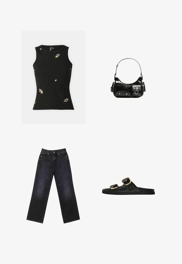 Svart ribbad ärmlös topp med flerfärgad blommig broderi. Rundad halsringning och figurnära design, lämplig för avslappnad bruk.; Höga svarta denimjeans med vida ben, femficksdesign och synlig sömnad. Tyget har en jämn, något texturerad yta.; Svart glidsandal med två guldfärgad spännen, slät textur av material, platt sula och en minimalistisk design.; Svart lackläderhandväska med en rundad form, en axelrem, framfickor och detaljer i silverfärg.