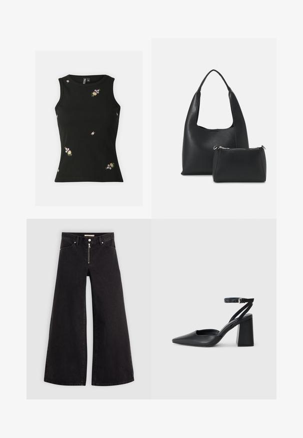 Top sem mangas preto com textura canelada, apresentando bordados florais multicoloridos. Decote redondo e design ajustado, adequado para um visual casual.; Calças de ganga de perna larga em denim preto com fecho éclair à frente, design de cinco bolsos e detalhes de costura subtil. Textura suave e estilo casual.; Sandal com biqueira afilada em couro preto, com cinta no tornozelo e salto grosso. Textura lisa, design elegante e estética minimalista.; Even&Odd SET - Mala de mão - black