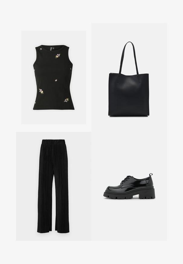 Must mustriga ilma varrukateta topp, millel on mitmevärviline lilleline tikand. Ümmargune kaelus ja fikseeritud disain, sobib igapäevaseks kandmiseks.; Mustad pleekitud püksid elastse vöökohtaga. Omavad laiad jalad ja sujuvat, tekstureeritud kangast vertikaalsete triipudega.; Mustad mustri kingad, millel on paks platvormsüstal ja paksed nöörid. Ümar nina, minimaalne detaljide arv ja väike kannataga tab.; Mustast nahast kott sujuva tekstuuriga, ristkülikukujuline ja kahe pika sangaga. Pole nähtavat riistvara ega kaunistusi.