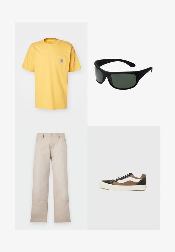 Carhartt WIP POCKET - Basic T-shirt - winter spice; Beige cotton pants with a straight-leg design, featuring two front pockets and two zippered accents. Gold-tone hardware highlights.; Black and brown sneakers with white accents, canvas material, low-top design, round toe, and beige rubber sole. Features contrasting stitching.; Black wraparound sunglasses with dark green lenses. Matte finish, curved design, with straight arms and subtle branding on the side.