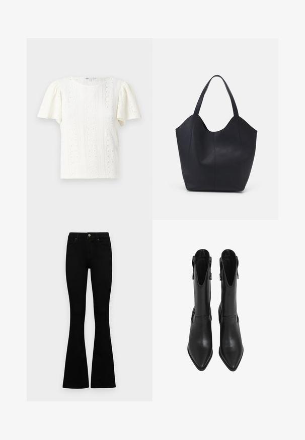 White short-sleeve t-shirt featuring a textured knit pattern with eyelet details and subtle horizontal stripes. Round neckline.; Black high-waist jeans with a button and zip closure, front pockets, and flared legs laid flat on a white background.; Pair of black leather pointed-toe ankle boots with side pull tabs, viewed from above on a white background.; Black tote bag made of smooth leather, featuring a curved, open top with two shoulder straps and a minimalist design.