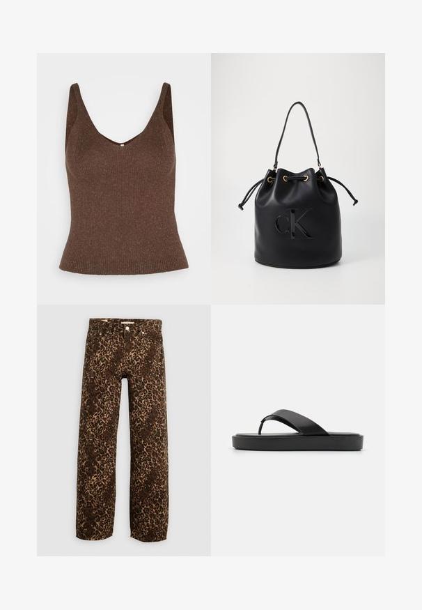 ONLY ONLLINA - Top - chocolate brown; Leopard print wide-leg jeans in brown and tan. Made from denim, featuring a classic five-pocket design and metal hardware accents.; Black flip-flop sandals with a smooth upper strap and a textured platform sole. Minimalist design with a low-profile silhouette.; Black leather bucket bag with drawstring closure, featuring a glossy "CK" logo on the front and gold-tone hardware accents.; Pilgrim UNFOLD - Necklace - gold