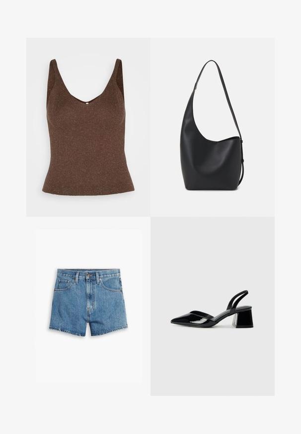 ONLY ONLLINA - Topper - chocolate brown; Lys blå denimshorts med fem lommer, glidelås og knappefeste. Bunnkanten er slitt med et avslappet passformdesign.; Svarte patentlær slingback hæler med spiss tå og geometrisk blokk hæl. Har et stilrent, minimalistisk design og jevn tekstur.; Svart lær hobo-veske med glatt tekstur, buet form og enkelt justerbart stropp; har en bred åpning på toppen.
