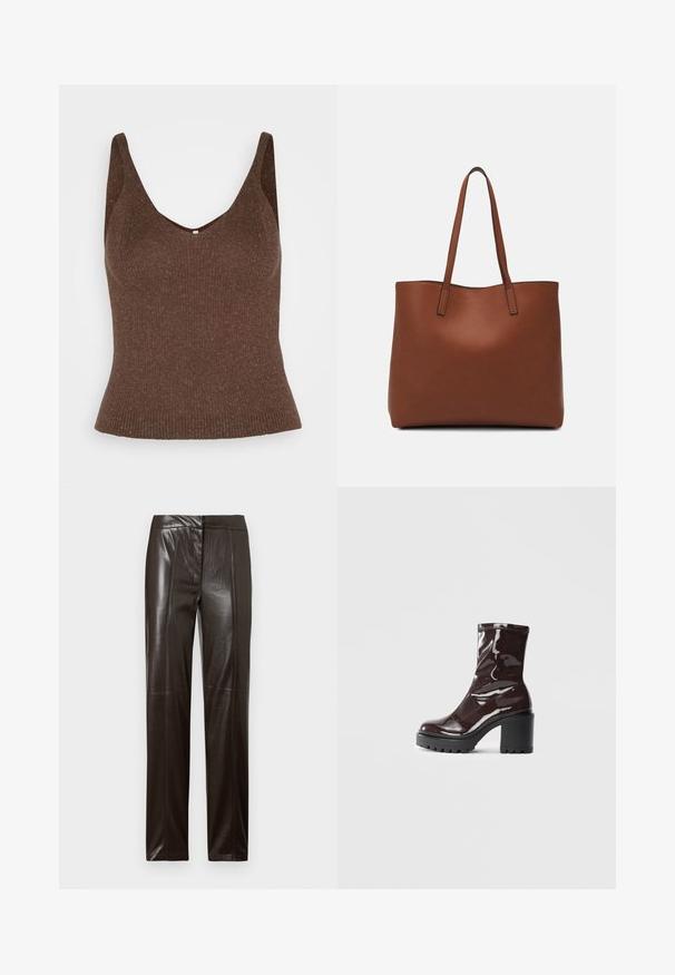 ONLY ONLLINA - Top - chocolate brown; Dark brown straight-leg leather trousers with a smooth finish and subtle seam detailing along the front.; Glossy burgundy ankle boot with a chunky black heel, featuring a smooth texture and simple design. No visible fastenings or patterns.; Brown leather tote bag with a smooth texture, open top design, and two shoulder straps. Features minimal stitching and no visible hardware.