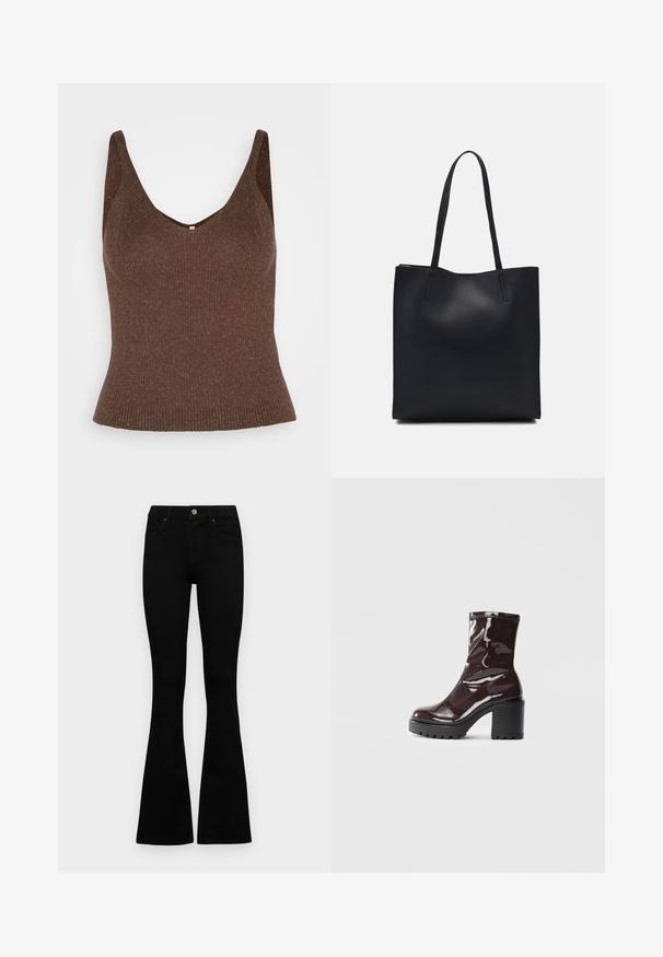 ONLY ONLLINA - Top - chocolate brown; Black high-waist jeans with a button and zip closure, front pockets, and flared legs laid flat on a white background.; Glossy burgundy ankle boot with a chunky black heel, featuring a smooth texture and simple design. No visible fastenings or patterns.; Black leather tote bag with smooth texture, rectangular shape, and two long handles. No visible hardware or embellishments.