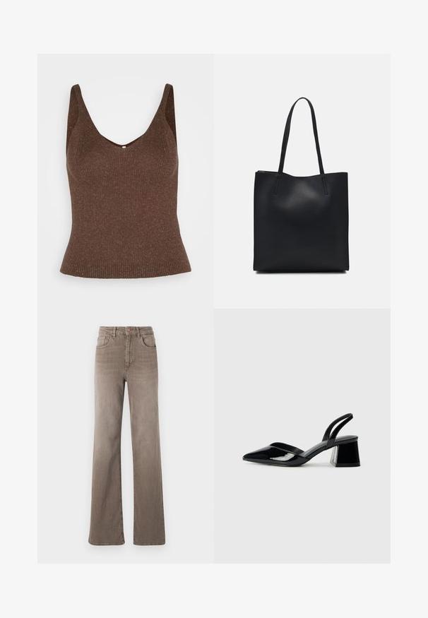 ONLY ONLLINA - Top - chocolate brown; Brune højtaljede straight-leg jeans med frontknap, bælteløkker og klassisk fem-lomme design på en hvid baggrund.; Sorte patentlæder slingback hæle med spids tå og en geometrisk blok hæl. Har et elegant, minimalistisk design og en glat tekstur.; Sort læder tote taske med glat tekstur, rektangulær form og to lange hanke. Ingen synlig hardware eller udsmykninger.