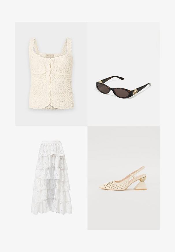 Top in cotone all'uncinetto con bordi scallop e motivi quadrati. Presenta spalline regolabili e chiusura con bottone. Realizzato in tessuto leggero e testurizzato.; Gonna di pizzo bianca con un design a strati e bordi scallop. Il materiale presenta un motivo floreale e una texture che creano un aspetto stratificato.; Scarpa slingback beige con tomaia perforata, punta affilata e un tacco triangolare a contrasto con un accento dorato. Texture liscia nel complesso.; Occhiali da sole tartarugati con lenti ovali allungate, tonalità marrone, accenti dorati con logo sulle tempie e aste nere eleganti.; Borsa a tracolla beige con un motivo stampato, forma curvata, dettagli in pelle e un logo dorato sul davanti. Presenta una maniglia corta per un facile trasporto.; Orecchini in metallo color oro con un design intrecciato, una superficie liscia e lucida e forme arrotondate. Ciascuno misura circa 5 cm.