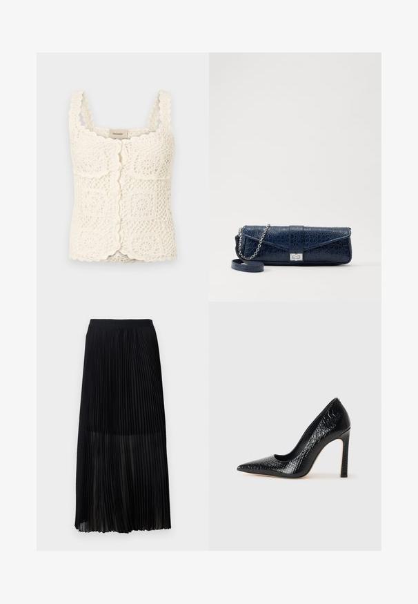 Tejített, csipkés felső, fodros élekkel és négyzetes motívumokkal. Állítható pántokkal és gombos zárással rendelkezik. Könnyű, texturált anyagból készült.; Fekete, plisírozott midi szoknya sima, elasztikus derékkal és áttetsző felső réteggel, finom függőleges pliszékkel az anyag teljes felületén.; Fekete hegyes orrú magassarkú cipő krokodilbőr textúrával, letisztult dizájnnal, magas tűsarkú és sima fekete belső résszel.; Sötétkék bőr retikül krokodilbőr textúrával, ezüst lánc pánttal és fém csattal. Téglalap alakú, felhajtható kialakítással.