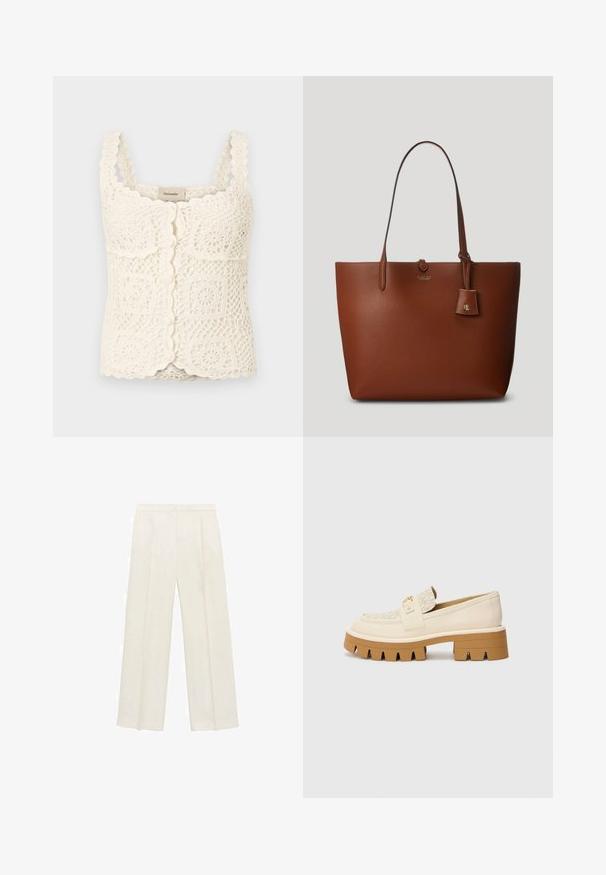 Romantisch gehaakt topje met gegolfde randen en vierkante motieven. Voorzien van verstelbare banden en knoopsluiting. Gemaakt van een gestructureerde, lichte stof.; Wijdgevallen broeken in een lichtcrème kleur. Gemaakt van een zachte stof met plooien aan de voorkant en zijzakken.; Beige instappers met een gestructureerde crèmekleurige band, voorzien van een chunky bruine zool met tandachtige patronen. Gouden accent op het gespdetail.; Bruine lederen tote bag met twee handvatten, een klein bijgevoegd label en een subtiele logo aan de voorkant. Glad textuur met gestructureerde vorm.
