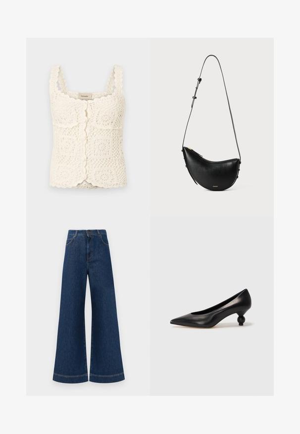Creme hæklet top med bølgede kanter og firkantede motiver. Har justerbare stropper og knaplukning. Fremstillet af struktureret, letvægtsstof.; Bredde ben blå denim jeans med høj talje, der har knaplukning, bæltestropper og diskrete syninger langs lommerne og kanterne.; Sort læder høje hæle med spids tå og rund, kugleformet hæl. Glat tekstur med et stilrent, minimalistisk design.; Sort læderhåndtaske med en buet form og en enkelt justerbar rem. Har en lynlåslukning og minimal guldfarvet hardware.