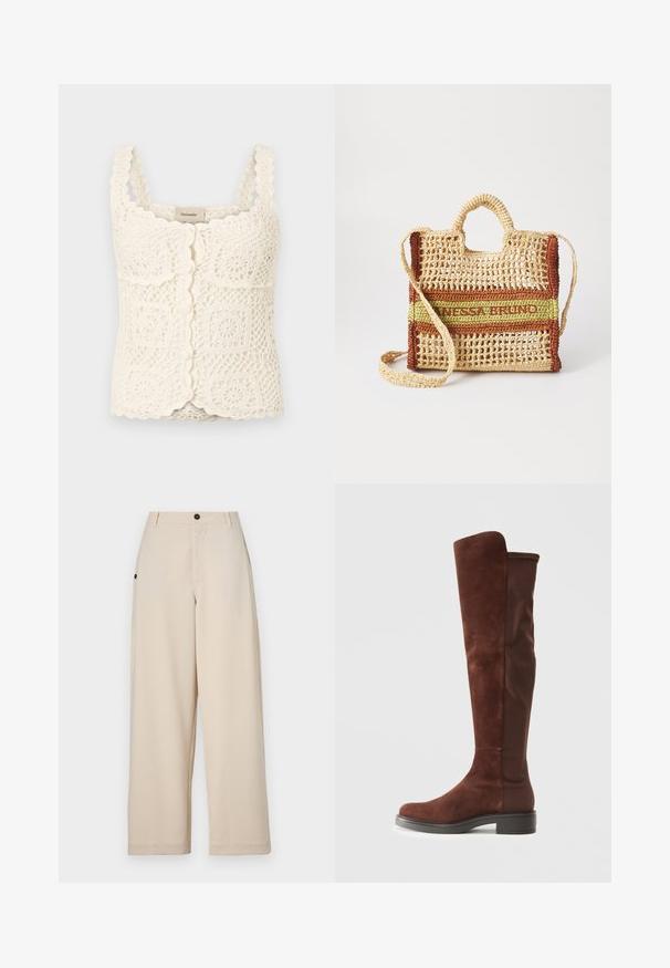 Romantisch gehaakt topje met gegolfde randen en vierkante motieven. Voorzien van verstelbare banden en knoopsluiting. Gemaakt van een gestructureerde, lichte stof.; Beige wijde broek gemaakt van zachte stof, met een sluiting met voorknop, zijzakken en een relaxte pasvorm.; Hoge bruine suède en stoffen laarzen met een lage zwarte hak en een ronde neus, zichtbaar in zijaanzicht op een effen witte achtergrond.; Geweven rieten tas met een rechthoekige vorm, voorzien van een mix van beige, groen en bruine strepen, en een afneembare schouderband.