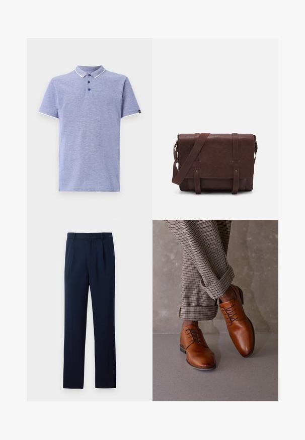 Šviesiai mėlynas polo marškinėliai su trumpomis rankovėmis, apykakle, trijų mygtukų užtrauktuku ir kontrastingomis baltomis detalėmis ant apykaklės ir rankovių.; Trys ilgomis rankovėmis: šviesiai mėlynas, baltas ir tamsiai mėlynas. Visi turi klasikinį apykaklę ir sagstomą priekį, pagaminti iš lygaus audinio.; Tamsiai mėlynos kelnės iš lygaus audinio, su vienu mygtuko uždarymu, klostėmis ir tiesiomis kojomis. Minimalistinis dizainas be pastebimų raštų.; Rudonos odinės bateliai turi apvalią nosį, penkias akių raištelių sistemas ir kontrastinius tamsius raištelius. Kelnės yra languotos, surišamos ties kulkšniais.; Rudas odinis paštininko krepšys su lygiu priekiniu dangčiu, dviem diržais, auksiniais detalėmis ir reguliuojamu peties diržu.