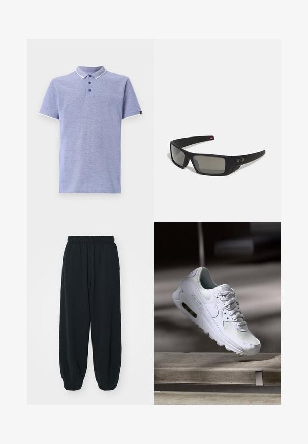 Camisa polo de tecido azul claro com mangas curtas, colarinho, palete de três botões e detalhes brancos contrastantes no colarinho e nas mangas.; Calças de fato de treino pretas, com cintura elástica e um corte solto, com punhos nas pernas, textura suave e sem padrões visíveis ou detalhes de metal.; Sapatilha Nike Air Max 90 branca com parte superior em malha e couro, caixa de dedos perfurada e uma unidade de ar visível no calcanhar.; Óculos de sol pretos com acabamento mate, lentes retangulares, leve curvatura nas hastes, detalhe sutil do logo e lentes de cor fumada.