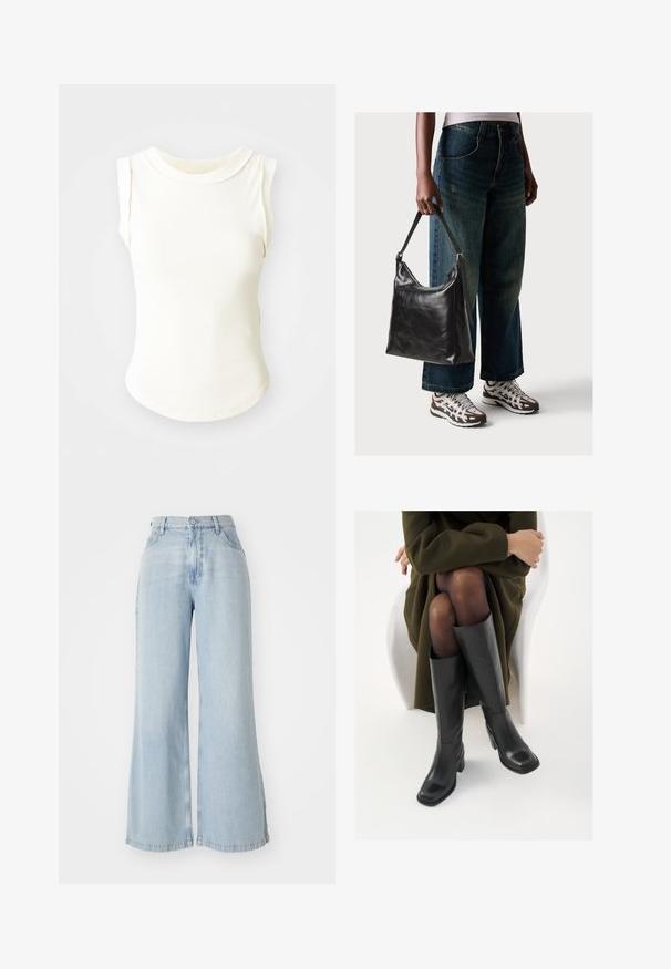 Hvit ribbestrikket utenermed rund halslinning, med en glatt tekstur og sømløse sider, designet for en tettsittende silhuett.; Lys blå vide jeans laget av denim. Har høy midje, frontlukking med knapp og to sidelommer. Slitt tekstur langs kantene.; Knæhøye sorte lærstøvler med firkantet tå og blokkhelt, vist med en modell som sitter iført en olivengrønn kåpe. Glatt tekstur, minimal detaljering.; Sort skinnveske med en glatt tekstur og justerbar stropp, kombinert med falmede vide jeans og atletiske sneakers.