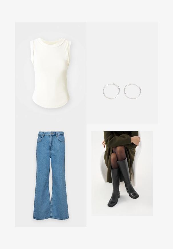 Top sem mangas branco com textura canelada e decote redondo, apresentando uma textura suave e laterais sem emendas, concebido para uma silhueta ajustada.; Jeans de brim azuis claros, com corte à boca de sino, apresentando uma cintura alta, cinco bolsos e um fecho de botão único. Textura macia com acabamento desbotado.; Botas de couro pretas até ao joelho com biqueira quadrada e salto em bloco, apresentadas com um modelo sentado num casaco verde-azeitona. Textura lisa, com detalhes mínimos.; Brincos de argola prateados com um design arredondado e elegante, apresentando uma superfície lisa e sem adornos visíveis. Diâmetro não especificado.