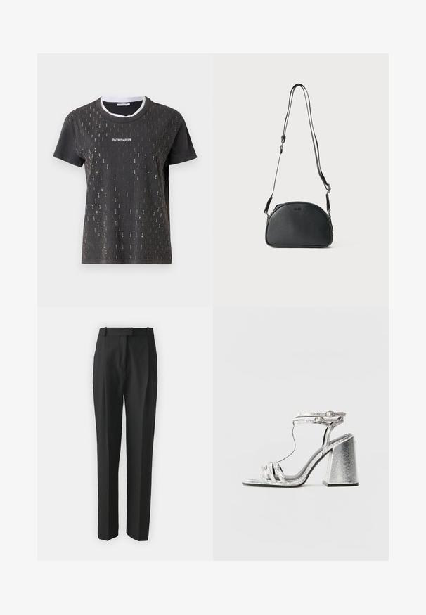 Dark gray t-shirt with a round neckline featuring gold metallic accents in a vertical pattern. Logo "PATRIZIAPEPE" displayed centrally.; Black tailored trousers made from lightweight fabric, featuring a straight cut, flat front, and belt loops. Smooth texture with no visible patterns.; Silver heeled sandal with a block heel, featuring thin straps and an ankle buckle. The material has a metallic finish with a textured appearance.; Black leather crossbody bag with a rounded shape, two adjustable straps, and a subtle logo on the front. Textured exterior, minimalistic design.