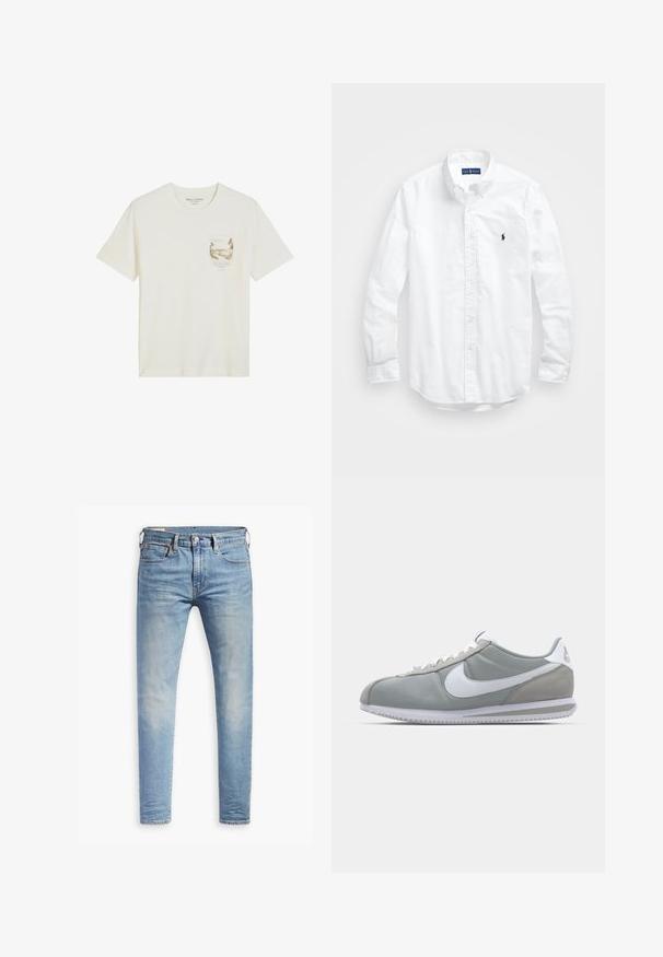 Balta trumpa rankovėmis marškinėliai su apvaliu kaklu, maža gamtos peisžo spauda ir tekstas kairėje krūtinės kišenės vietoje.; Balta ilga rankovė mygtukų marškiniai iš medvilnės. Pasižymi klasikinėmis apykaklėmis, mygtukų rankogaliais ir mažuoju tamsiai mėlynu siuviniu su logotipu ant krūtinės.; Šviesiai mėlyni aptempti džinsai su lengvu nudėvėjimu šlaunyse, priekyje užsegami mygtuku, su diržo kilpelėmis ir penkių kišenių stiliumi ant baltos fono.; Pilkas sportinis batelis su zomšiniais ir tekstiliniais viršutiniais paviršiais, baltas Nike swoosh ženklas ir baltos raišteliai. Yra tekstūruotas gumos padas ir paminkštinta apykaklė.