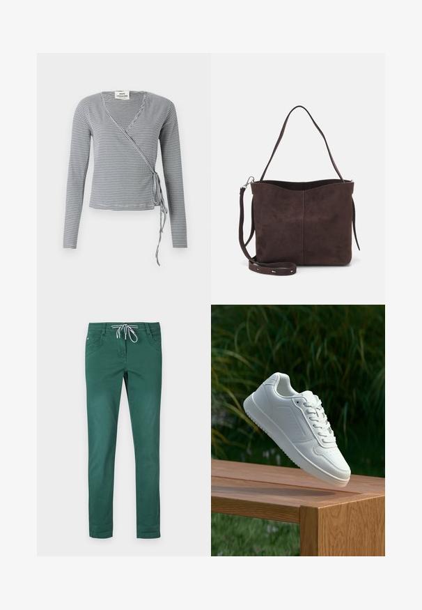 Dlhý rukáv, zavinovací top vyrobený z hladkého materiálu, s námorníckymi a bielymi pruhmi, výstrihom do V a viazaním na ľavej strane.; Zelené nohavice z bavlneného zmesi so strihom rovného nohavicu, s nastaviteľným pásom na šnúrku a dvoma prednými vreckami. Hladká textúra a bez vzorov.; Biele tenisky s hladkým syntetickým zvrškom, perforovanou špičkou, plochými šnúrkami a textúrovanou podrážkou, vystavené na drevenej ploche.; Hnedá semišová taška s mäkkou textúrou, vybavená jedným ramenným popruhom a jemne zakriveným horným otvorom. Bez viditeľných hardvérových detailov.