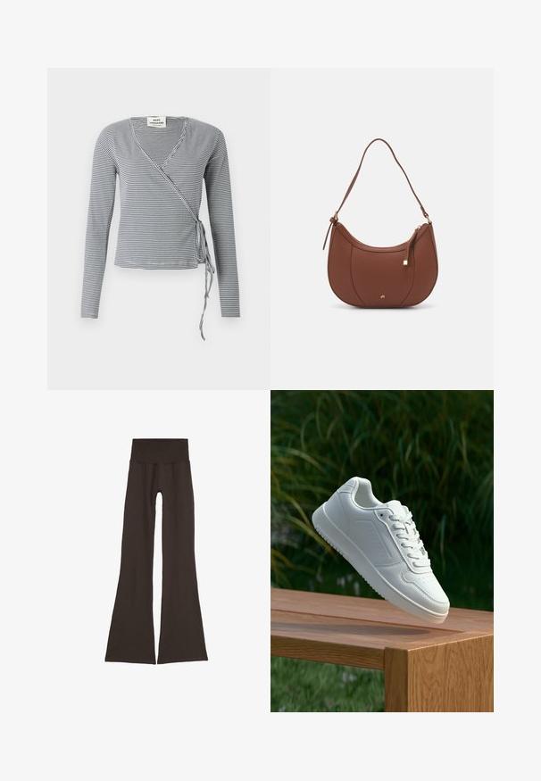 Long-sleeve wrap top made of smooth fabric featuring navy and white stripes, V-neckline, and a tie closure on the left side.; Dark brown flared leggings with a wide, ribbed waistband. Made from soft, stretchy material, featuring a seamless design and no visible hardware.; White sneaker with a smooth synthetic upper, perforated toe box, flat laces, and a textured sole, displayed on a wooden surface.; Brown faux leather shoulder bag with curved shape, minimal stitching, and a gold-tone hardware accent. Features a top zipper closure and adjustable strap.; Silver hoop earrings with a minimalist design. Circular shape, smooth texture, and thin profile. Lightweight with a polished finish.