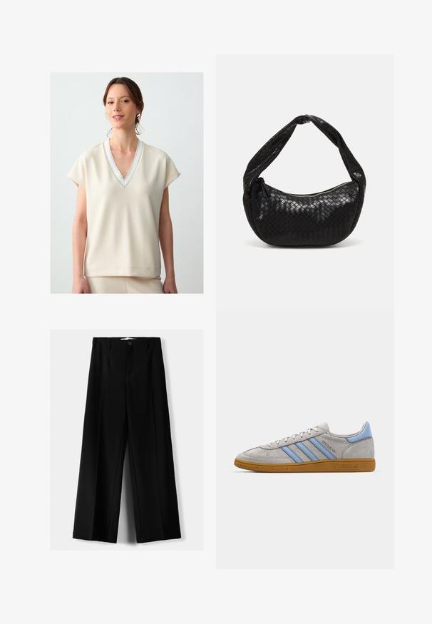 Beige Kurzarmoberteil mit V-Ausschnitt und weißen Akzenten, das über eine glatte Textur und eine lockere Passform verfügt, die bis zur Hüfte fällt.; Schwarze weite Hosen aus leichtem Stoff, mit einem Knopfverschluss vorne und flachem Bund, mit sorgfältig genähten Säumen.; Grau Wildleder Sneaker mit hellblauen Streifen, gummiertem Sohlenmaterial und Logo-Akzenten. Niedriges Design mit runder Zehenform und Schnürverschluss.; Schwarze geflochtene Ledertasche mit einer geschwungenen Form, ausgestattet mit einem dicken Griff und einem Reißverschlussverschluss. Texturierte Oberfläche mit glänzender Optik.
