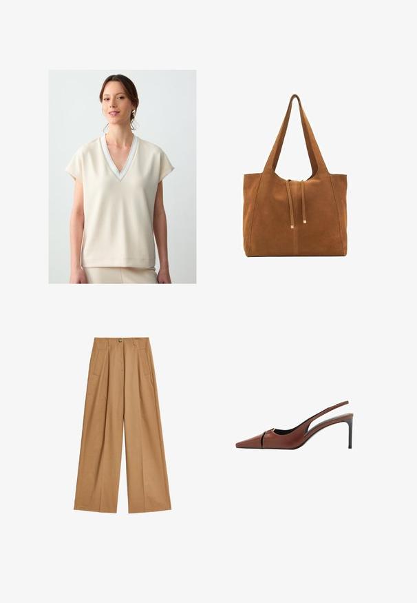 Beige short-sleeve top met een V-hals en witte rand, met een gladde textuur en een relaxte pasvorm die tot de heupen valt.; Wijdvallende broek in een lichte tan kleur, gemaakt van een soepele stof, met twee voorzakken en een centrale knoopsluiting.; Bruine leren slingback hakken met een spitse neus, uitsnijding bij de bovenkant en een elegante stilettohak. Glad oppervlak.; Bruine suède schoudertas met twee lange hengsels, trekkoordsluiting en minimalistisch ontwerp. Gladde textuur en geen zichtbare hardware-accenten.