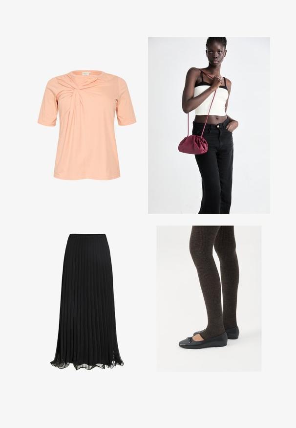 Short-sleeve, light peach T-shirt featuring a twisted design detail at the front, made of soft, lightweight fabric with a round neckline.; Black pleated maxi skirt made of lightweight fabric with a flowing design. Features a ruffled hem and elastic waistband for comfort.; Black flat shoes with a small bow detail at the toe, paired with dark brown ribbed tights. Shoes have a smooth texture and low profile.; Burgundy soft fabric handbag with a gathered design and a long strap, worn crossbody. Model wears a white crop top and black jeans.