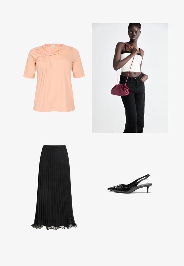 Tricou cu mânecă scurtă, de culoarea piersicii deschise, cu un detaliu de design răsucit în față, fabricat dintr-un material moale și ușor, cu guler rotund.; Fustă maxi plisată neagră, realizată dintr-un material ușor, cu un design fluid. Prezintă un tiv volan și o talie elastică pentru confort.; Cizme slingback din piele neagră, cu vârf ascuțit, toc mic de tip kitten heel și un detaliu decorativ sub formă de nod în față. Textură netedă pe întreaga suprafață.; Geantă dintr-un material moale de culoare burgundă, cu un design plisat și o curea lungă, purtată pe umăr. Modelul poartă un top alb scurt și blugi negri.