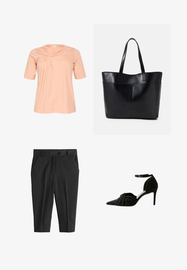 Tricou cu mânecă scurtă, de culoarea piersicii deschise, cu un detaliu de design răsucit în față, fabricat dintr-un material moale și ușor, cu guler rotund.; Pantaloni negri șifonați cu pliere frontală, închidere cu nasture și buzunare laterale. Material neted, cu lungime scurtă și o siluetă elegantă.; Pantof cu toc înalt din suede negru, cu vârf ascuțit, detaliu legat în față, bretea la gleznă și toc subțire stiletto.; Geantă oversized din piele neagră, cu două mânere lungi, de textură netedă și formă structurată. Are un buzunar frontal pentru stocare suplimentară.