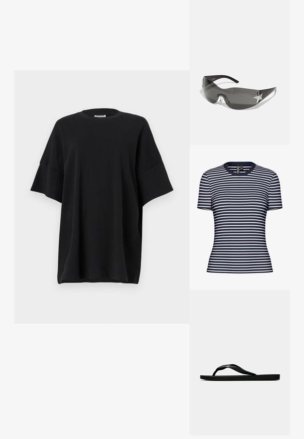 Jūras spēku un baltās krāsas svītrainā ribota t-krekls ar apaļu izgriezumu un īsām piedurknēm, pieguļošs dizains, auduma tekstūra redzama svītrās.; Melnā, oversize T-kreklā, kas izgatavots no kokvilnas, ar apaļu kakla izgriezumu un īsām, platām piedurknēm, ar gludu tekstūru un brīvu piegriezumu.; Melna gumijas flip-flop sandaļa ar teksturētu nolaists jostu un vienkāršu plakanā zole, attēlota no sāniem uz vienkārša gaiša fona.; Melnas saulesbrilles ar apjozošu dizainu, tumši tonētām lēcām, spīdīgiem zvaigznes formas akcentiem un regulējamiem deguna spilventiņiem.; Even&Odd Maisiņveida soma - black