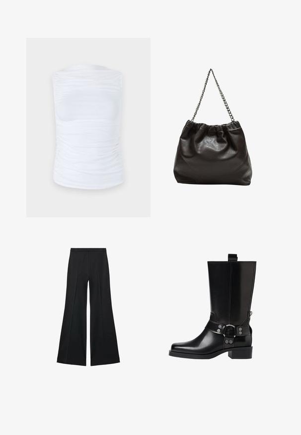 Bílý bezrukávový top vyrobený z hladkého, elastického materiálu s nabranými detaily po stranách, s kulatým výstřihem a těsným střihem.; Černé kalhoty s širokými nohavicemi a hladkou texturou, s předními sklady a přizpůsobeným střihem. Materiál je lehký a splývavý.; Černá kožená vysoká bunda s špičatou špičkou, stříbrnými sponami a robustní podešví. Obsahuje poutko pro snadné obutí.; Hnědá kožená taška se sbíraným vrškem a řetízkovým popruhem. Hladký povrch s lesklým finišem a jemným švem na bocích.